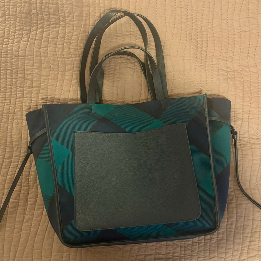 Talbots Green and Navy Plaid Tote Bag